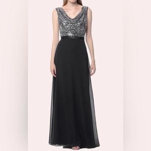 Cowl Neck Silver Sequin Chiffon Long Bridesmaid Dress Black Formal Gown
